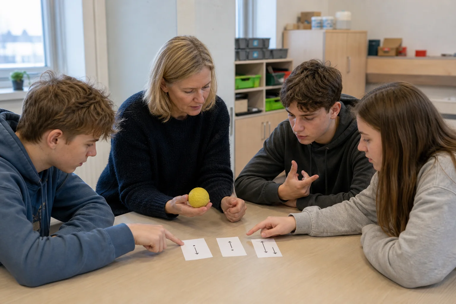 Three secondary pupils compare simple arrow cards while their teacher holds a soft ball safely at table height during a physics discussion.