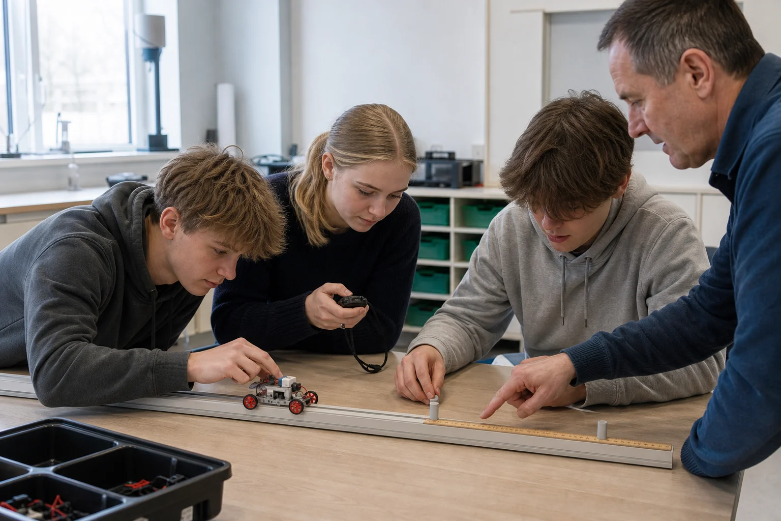 Three secondary pupils time a small trolley beside a metre rule on a straight classroom track while their teacher points to marked positions.