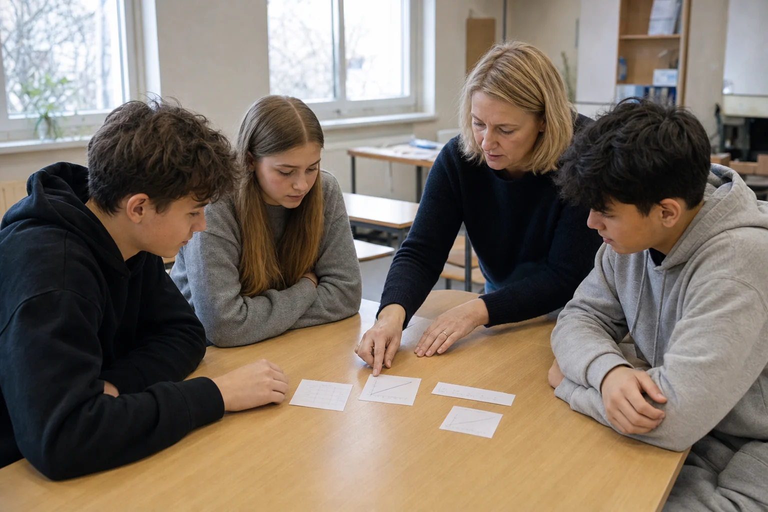 Lernende weisen eine unpassende Gleichung zurück, erklären die Abweichung und ordnen anschließend ohne farbliche Hilfen eine neue Tabelle, einen Graphen und eine Gleichung einander zu.