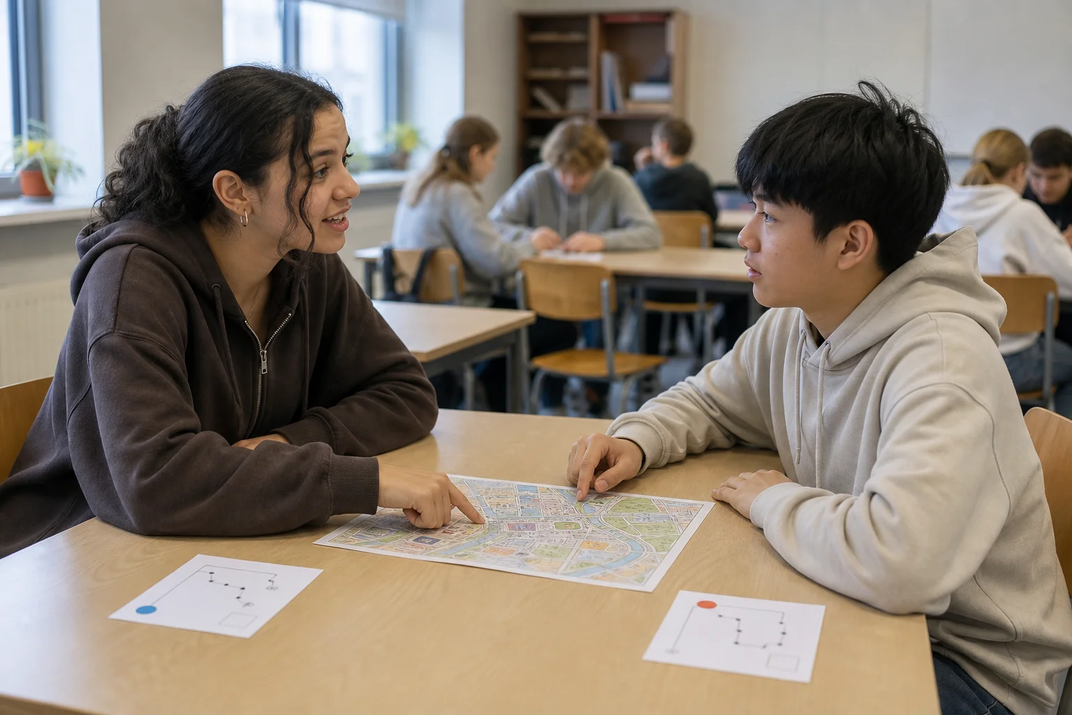 Two secondary pupils sit face to face, tracing different routes on a town map as they practise giving and checking directions.