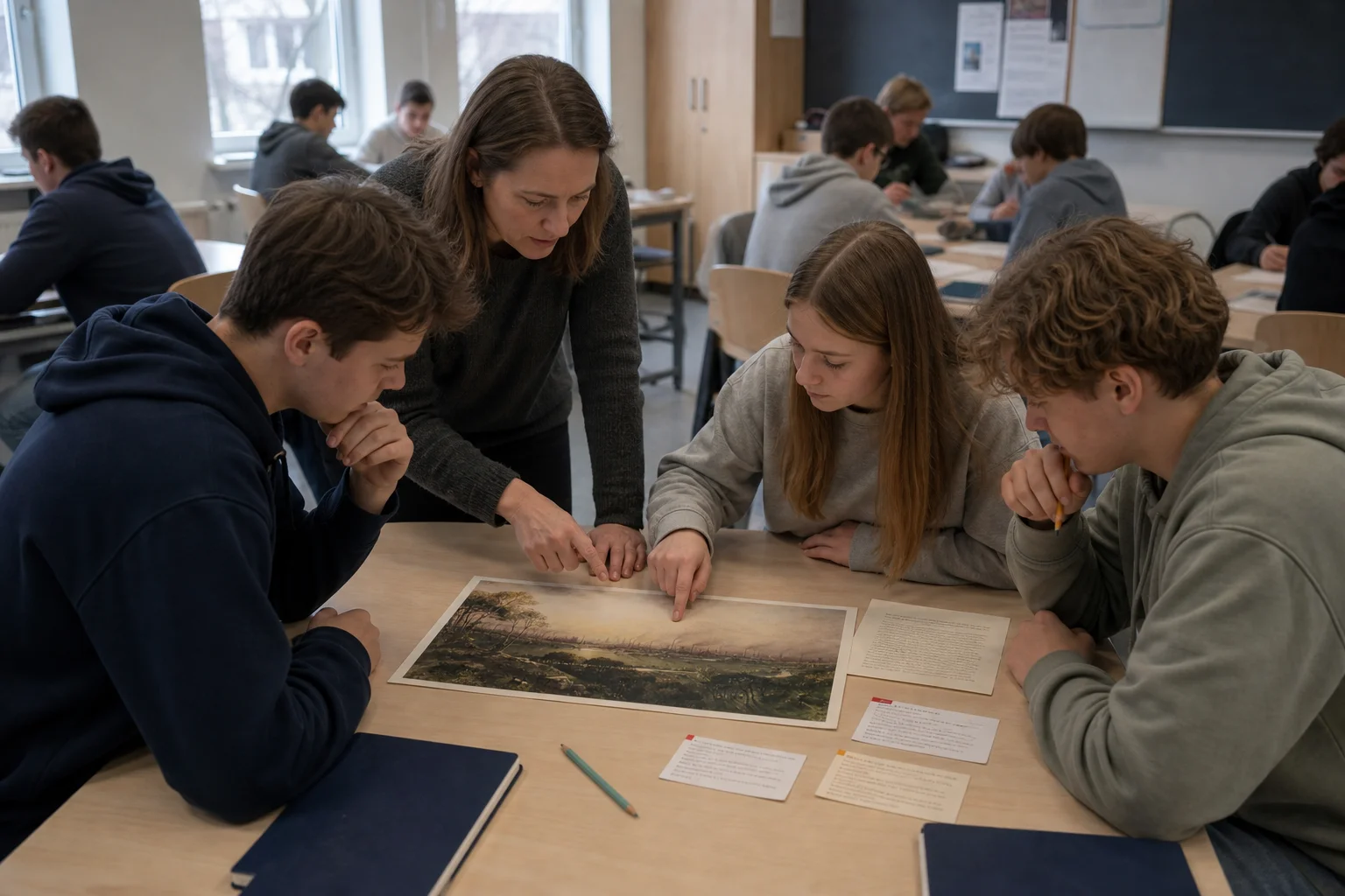 A history teacher helps three pupils compare an industrial-city panorama, a short source extract and provenance cards around a classroom table.