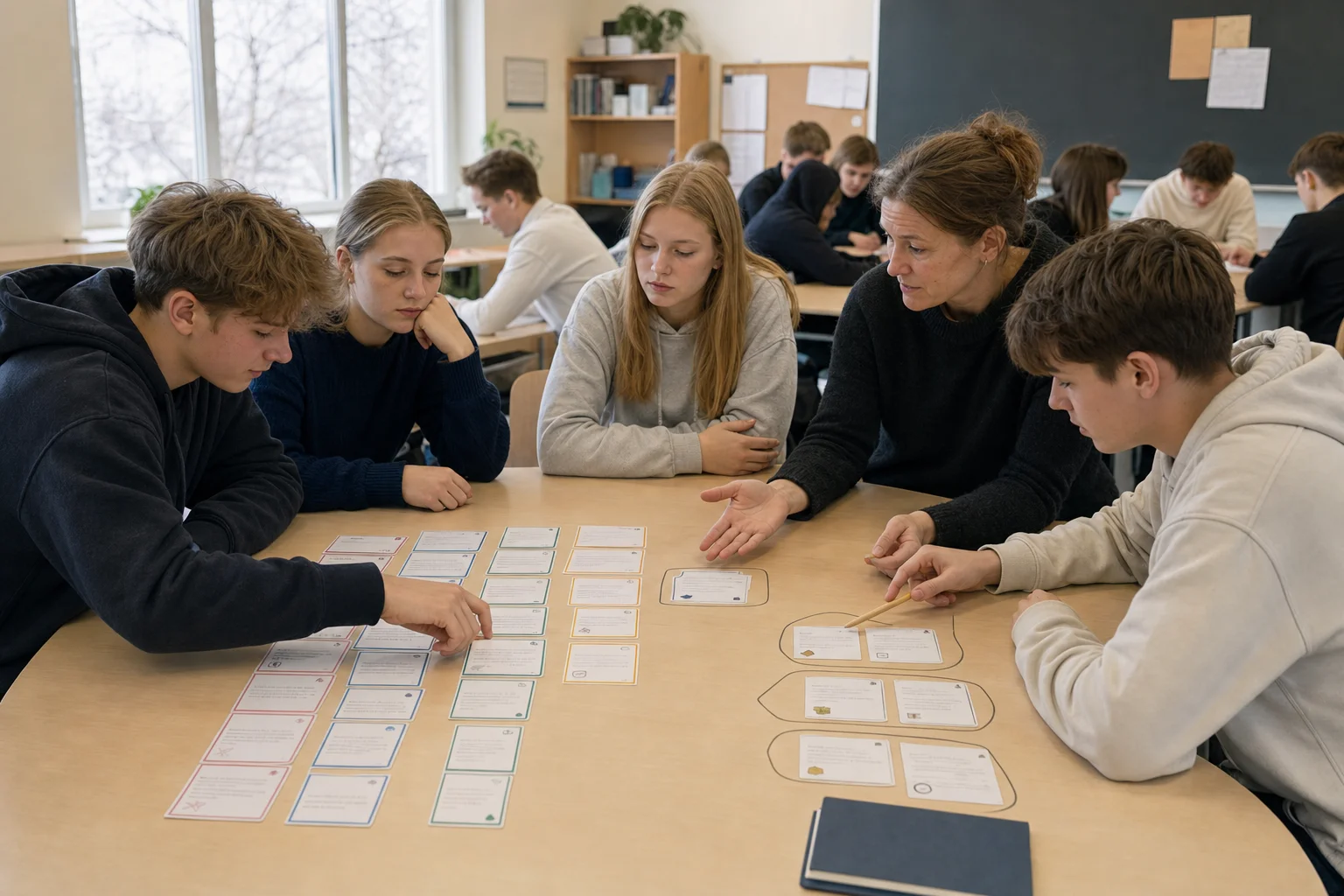 A history teacher and four pupils compare colour-coded chronology cards arranged by country and regrouped by type of change.