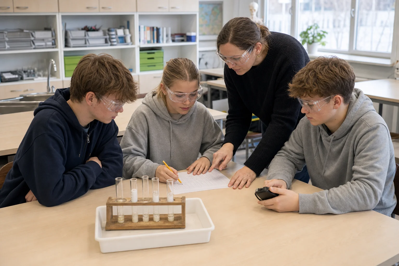 Three secondary pupils in safety goggles record repeated observations during a catalase investigation while their biology teacher checks the result grid.