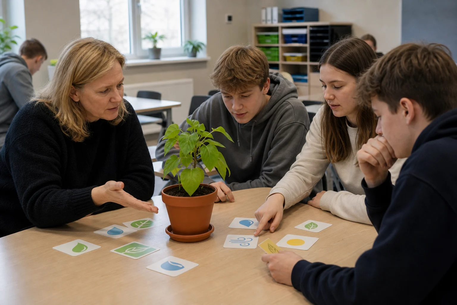 A biology teacher and three secondary pupils compare a leafy plant with simple picture cards while discussing where plant biomass comes from.