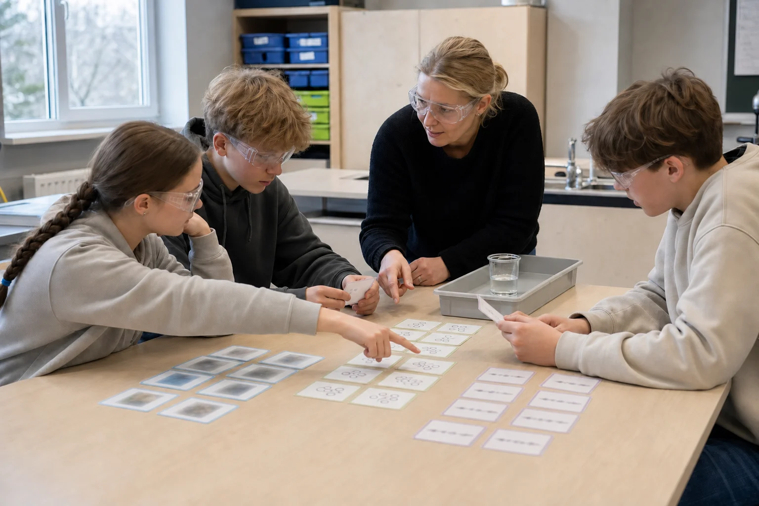 A chemistry teacher and three goggle-wearing pupils sort observation, particle-model and symbolic cards beside a safely contained stopped reaction.