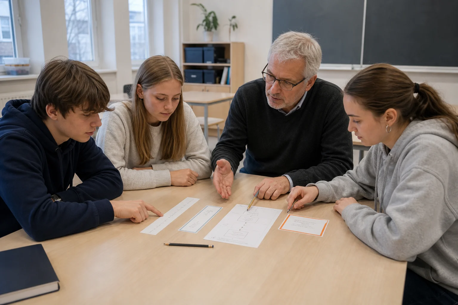 An older chemistry teacher helps three secondary pupils connect an equation strip, ratio card, calculation pathway and changed-quantity card at a dry classroom table.